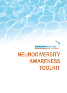 Toolkit Cover White Background with Blue Waves image on top below that Springboard Consulting Logo and below that the words Neurodiversity Awareness Toolkit in orange color