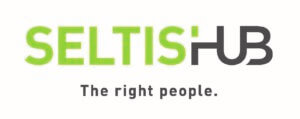 The words Seltis (Lime green letting) followed by Hub (black lettering) above The Right People (black lettering) all on a white background