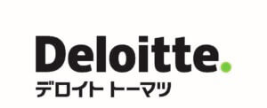 The word Deloitte in black lettering followed by a light green period. Below Japanese black letting.