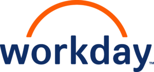 The word "Workday" in blue letting, with an arc on top in orange.